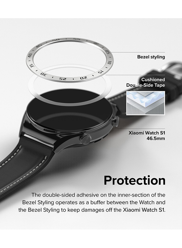 Ringke Bezel Styling + Glass Combo Compatible with Xiaomi Watch S1 Adhesive Frame Ring Cover Anti Scratch Stainless Steel Protection for Xiaomi Watch S1- Silver (46-01)